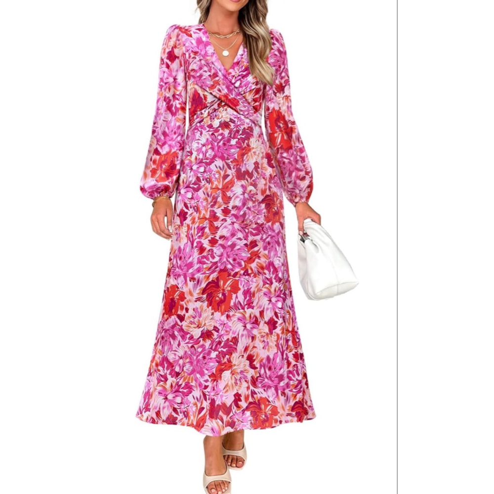 NEW Pink Floral Long Sleeve V Neck Belted Flowy Midi Dress S